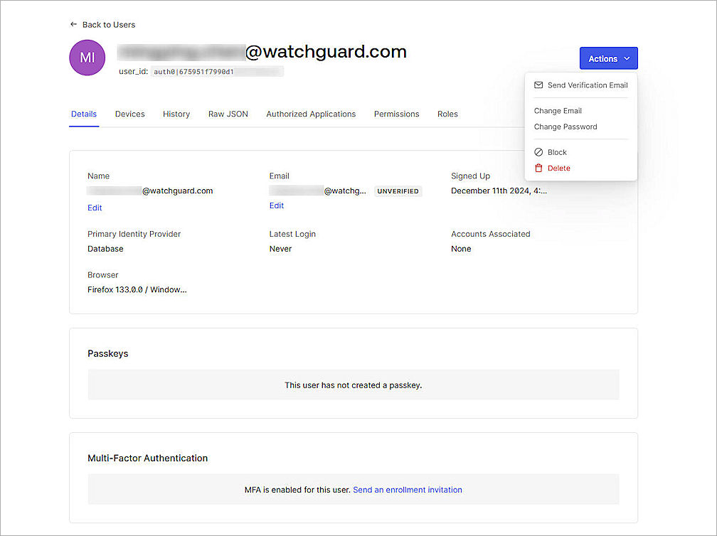 Screenshot of the User Details page, where you can resend the verification email message.